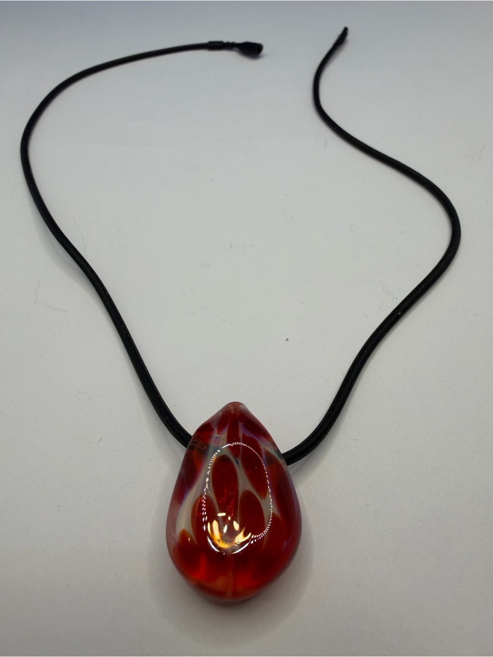 Red Art Glass Teardrop Pendant Necklace Black Cord Statement Jewelry